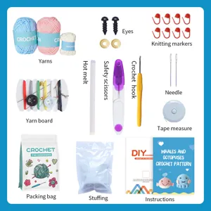 Kit di uncinetto completo per principianti con filati colorati, uncini, imbottitura e guida.