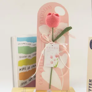 Handmade crochet tulip flower gift bouquet with greeting card for Mother's Day decoration.