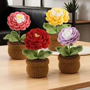 Handmade Crochet Potted Plant Knitted Sunflower Ranunculus Artificial Flower Desktop Ornament Creative Gift Home Decor