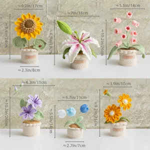 Set di fiori in vaso all'uncinetto fatti a mano, simpatiche piante lavorate a maglia per la casa.
