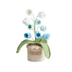 Pianta in vaso di mughetto all'uncinetto fatta a mano soprammobile decorazione floreale in lana