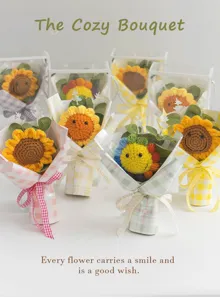 Handcrafted crochet sunflower bouquet with gift wrap, cute knitted flower for home decor and gifts.