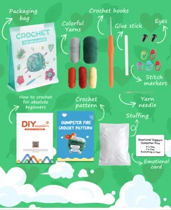Kit per uncinetto per bambola fuoco di cassonetto, filati colorati, ago e manuale in inglese.
