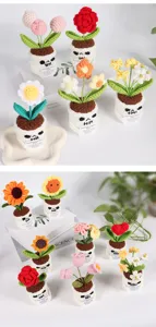 Handmade crochet potted plants with cute skull pots and flowers for home decor.