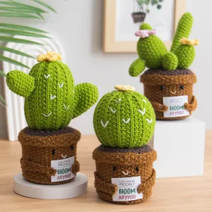 Handmade Knitted Crochet Cactus Potted Plant Cute Wool Succulent Figurine Desk Ornament With Positive Energy Card