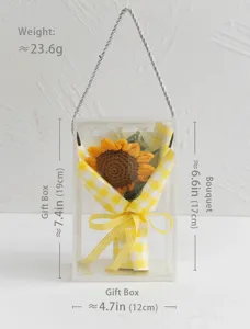 Handmade crochet sunflower bouquet in a clear gift box detail view showing dimensions.