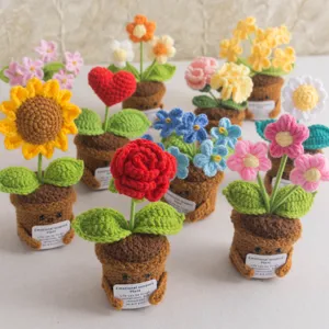 Handmade Wool Crochet Potted Plant Cute Emotional Support Sunflower Rose Daisy Desktop Ornament Knitted Flower Gift
