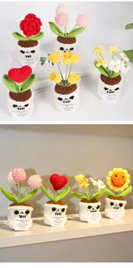 Handmade crochet potted plant with skull pot, cute knitted flower desktop decor for home.