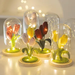Handmade crochet tulip flower glass dome night light warm LED fairy light desk decor gift