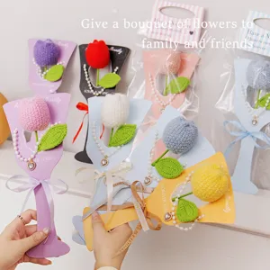 Handmade Crocheted Yarn Rose Flower Bouquet Artificial Plant With Artificial Pearl Necklace Gift For Home Decor Party