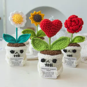 Cute handmade crochet potted plant with skull design and positive message card for gifts.