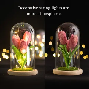 Handmade crochet tulip glass dome night light decorative floral desktop ornament gift