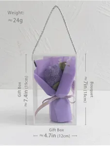 Handmade crochet knitted flower bouquet packed in a clear gift box with size specs.