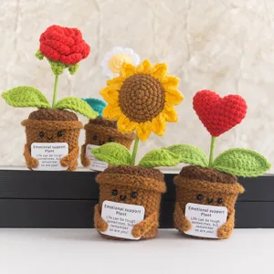 Handmade crochet potted plants with emotional support cards, cute desktop decor gifts for friends.