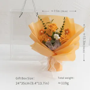 Bouquet de fleurs au crochet artisanal avec boîte cadeau jaune tricoté vue principale