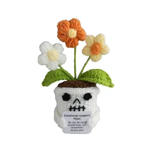 Handmade crochet potted plant cute skull design with colorful flowers emotional support gift