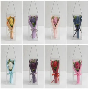 Handmade crochet rose bouquet in clear hanging gift box, colorful handmade floral details.