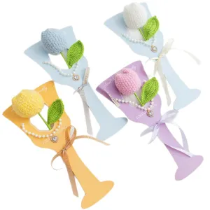 Handmade crochet flower bouquet knitted wool tulip gift with card and pearl decor