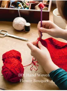 Detailed view of handmade crochet yarn flower bouquet crafting process with red wool and tools.