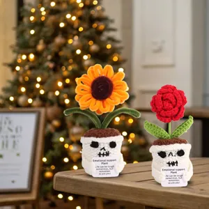 Crochet potted plant skull Halloween emotional support sunflower rose handmade decor gift