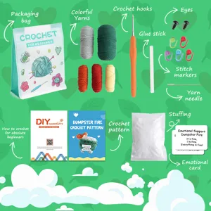 Kit per principianti all'uncinetto con filati colorati, uncinetto, imbottitura e schema.