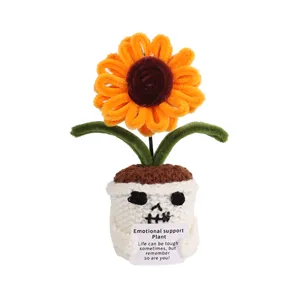 Halloween knitted skull sunflower potted plant, handmade wool crochet emotional support plant decor.