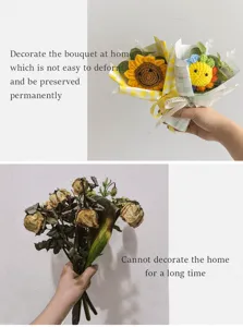 Handmade crochet sunflower bouquet detail, showing durable material and home decor comparison.