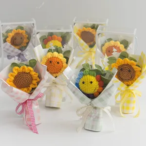 Handmade Knitted Crochet Sunflower Rose Tulip Bouquet With Gift Box Artificial Flower Gift For Home Decor