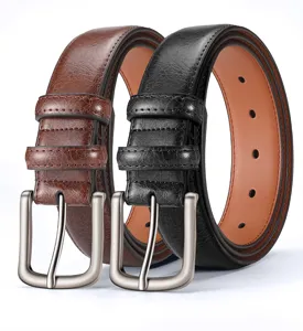 Men genuine leather belt classic pin buckle vintage casual trousers strap black brown