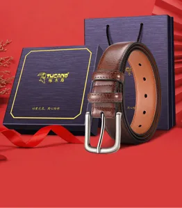 Mens genuine leather belt with pin buckle and luxury gift box packaging stylish retro design.