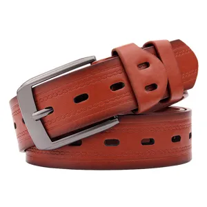 Men's vintage casual leather belt with pin buckle, durable retro pants belt for daily wear.