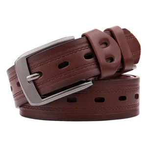 Men's brown leather belt casual retro pin buckle waistband stylish daily wear durable accessory
