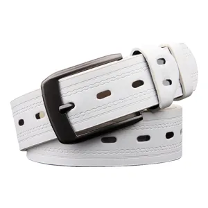 Men white casual retro pin buckle belt with stylish punched hollow patterns for daily wear.