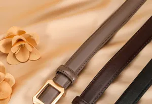 Elegant women genuine leather thin belt set featuring chic metal buckle and fine stitching details.