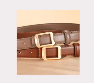 Women genuine leather belt detail view with stylish geometric metal buckle for daily wear.