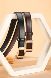 Classic women genuine leather belt with square gold buckle versatile thin waist strap chic