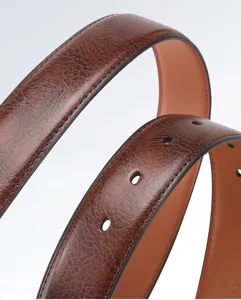 Men vintage brown leather belt detail shot, premium cowhide with classic pin buckle holes.