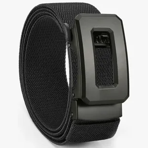 Men tactical elastic woven belt casual canvas belt for outdoor daily wear black metal buckle