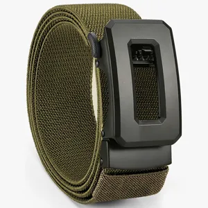 Army green tactical elastic belt for men, durable canvas woven strap with quick release buckle.