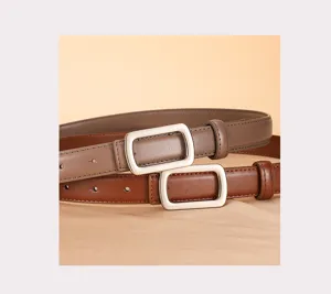 Elegant women leather belt with stylish silver rectangular buckle for jeans daily wear.