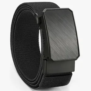 Men's black woven elastic stretch belt with metal automatic buckle for outdoor and casual wear.