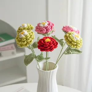 Handcrafted Crochet Peony Flower Bouquet Knitted Wool Floral Arrangement Home Decor Gift