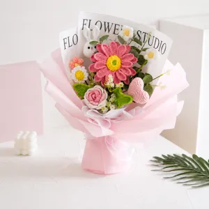 Handmade Dried Flower Bouquet Crochet Knitted Rose Daisy Doll Gift For Teachers Day Graduation Party Home Decor