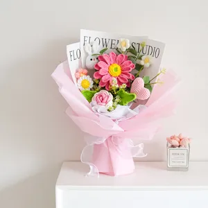 Handmade crochet flower bouquet knitted pink daisy rose gift for graduation teacher day.
