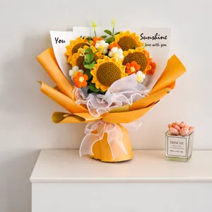 Bouquet de Tournesols en Fil Tricoté Fait Main Fleur Artificielle Arrangement Floral au Crochet Décoration Intérieure Cadeau
