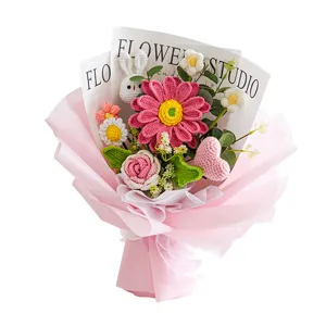 Handcrafted crochet flower bouquet pink daisy knitted gift for graduation teacher day decoration.