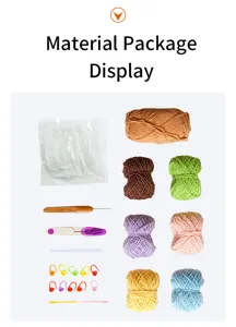 Vista dettagliata del kit all'uncinetto con gomitoli di filato assortiti, uncinetto e accessori.