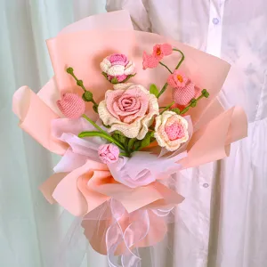 Handmade Knitted Crochet Rose Flower Bouquet Artificial Yarn Flowers With Gift Wrapping Paper For Valentine Day Home Decor Gift