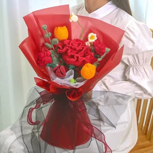 Handmade crochet rose mixed flower bouquet knitted wool simulation gift for holiday