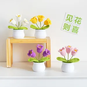 Handmade crochet potted tulips, mini artificial flower bonsai for home decor and desktop ornament.